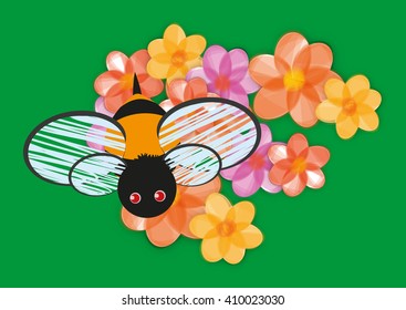 A cute bee is flying above colored flowers on a green background.
