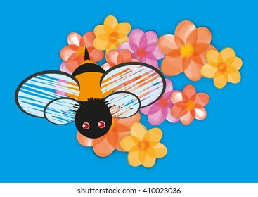 A cute bee is flying above colored flowers on a blue background.
