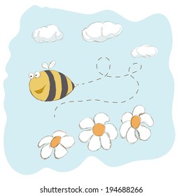 Cute bee flying around flowers