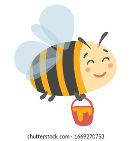 Cute bee is flying with a bucket full of honey. Hand drawn happy bee. Adorable character. Vector illustration on a white background. 