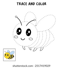 Cute Bee flying coloring pages for kids. Trace and color Bee flying. Coloring page animal outline of cute Bee flying tracing worksheet vector. Kindergarten and preschool activity. 