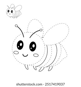 Cute Bee flying coloring pages for kids. Trace and color Bee flying. Coloring page animal outline of cute Bee flying tracing worksheet vector. Kindergarten and preschool activity. 