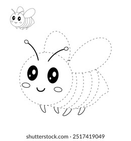 Cute Bee flying coloring pages for kids. Trace and color Bee flying. Coloring page animal outline of cute Bee flying tracing worksheet vector. Kindergarten and preschool activity. 