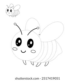 Cute Bee flying coloring pages for kids. Trace and color Bee flying. Coloring page animal outline of cute Bee flying tracing worksheet vector. Kindergarten and preschool activity. 