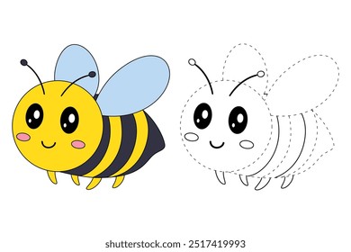 Cute Bee flying coloring pages for kids. Trace and color Bee flying. Coloring page animal outline of cute Bee flying tracing worksheet vector. Kindergarten and preschool activity. 