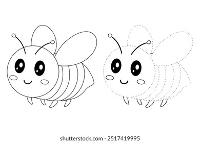 Cute Bee flying coloring pages for kids. Trace and color Bee flying. Coloring page animal outline of cute Bee flying tracing worksheet vector. Kindergarten and preschool activity. 