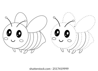 Cute Bee flying coloring pages for kids. Trace and color Bee flying. Coloring page animal outline of cute Bee flying tracing worksheet vector. Kindergarten and preschool activity. 