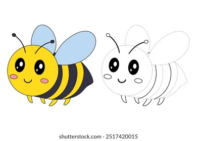 Cute Bee flying coloring pages for kids. Trace and color Bee flying. Coloring page animal outline of cute Bee flying tracing worksheet vector. Kindergarten and preschool activity. 