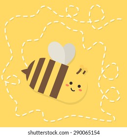 Cute Bee Flying With Dotted Line Pathway In Yellow Background