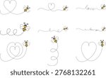 Cute Bee Flying Dotted Path Heart Love Vector Cartoon Illustration Set
