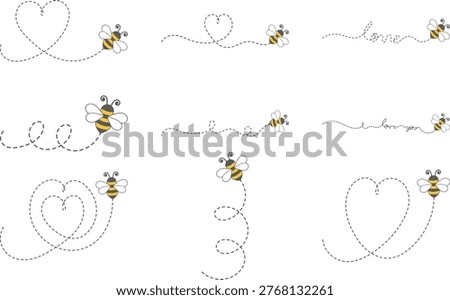 Cute Bee Flying Dotted Path Heart Love Vector Cartoon Illustration Set