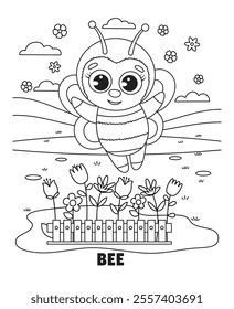 Cute Bee Flying Happily in a Flower Garden, Exploring Nature’s Beauty Perfect for Kids