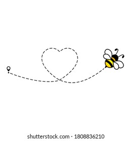 Cute bee flying icon. Heart dotted lines path with start point and dash line trace isolated on white background.