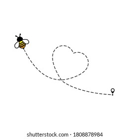 Cute bee flying icon. Heart dotted lines path with start point and dash line trace isolated on white background.