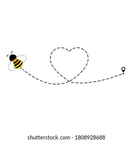 Cute bee flying icon. Heart dotted lines path with start point and dash line trace isolated on white background.