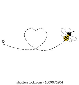 Cute bee flying icon. Heart dotted lines path with start point and dash line trace isolated on white background.