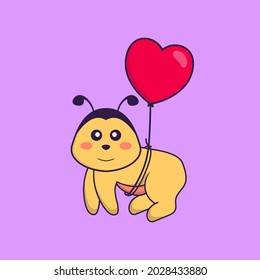Cute bee flying with love shaped balloons. Animal cartoon concept isolated. Can used for t-shirt, greeting card, invitation card or mascot.