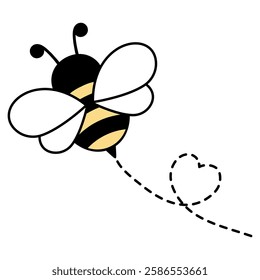 Cute bee flying on dotted route. Busy insect path with heart shape. Vector illustration isolated on white.