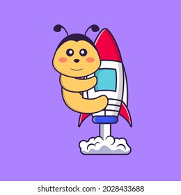 Cute bee flying on rocket. Animal cartoon concept isolated. Can used for t-shirt, greeting card, invitation card or mascot.