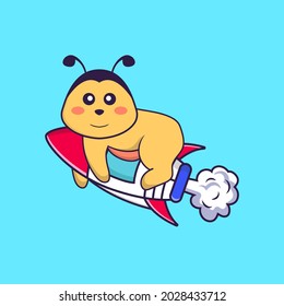 Abeja linda volando sobre un cohete. El concepto de caricatura animal aislado. Puede usarse para camisetas, tarjetas de felicitación, tarjetas de invitación o mascota.