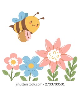 Cute bee flying over blooming flowers in soft pastel colors. A warm illustration for spring designs, kids books, nursery decor and gentle nature themed projects.