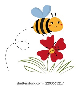 A cute bee is flying over a flower. Square illustration on a white background. Vector hand-drawn character for graphic tee print, postcards, covers, posters.