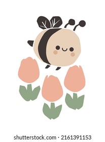 Cute bee flying over tulip flower field. Summer card design.