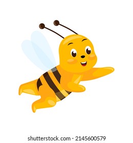 Cute bee flying rescue isolated on white background. Smiling cartoon character hero. Design of funny insect sticker for showing emotion. Vector illustration