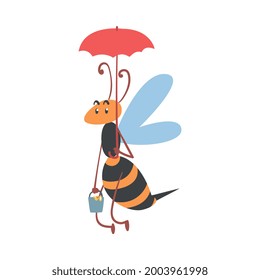 Cute Bee Flying with Umbrella, Happy Funny Flying Insect Character Carrying Bucket of Honey Cartoon Vector Illustration