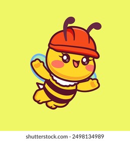 Cute Bee Flying Wearing Hat Cartoon Vector Icon Illustration. Animal Nature Icon Concept Isolated Premium Vector. Flat Cartoon Style