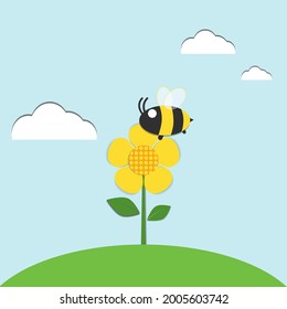 Cute bee flying at yellow flower. Vector illustration concept for kids and background. Good any surface design