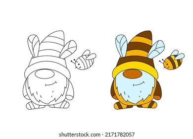 Cute bee gnome. Children's coloring book with a color sample. The contour is not in curves, with the possibility of editing.