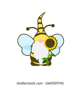 Cute Bee Gnome With Outline Vector Illustration On White