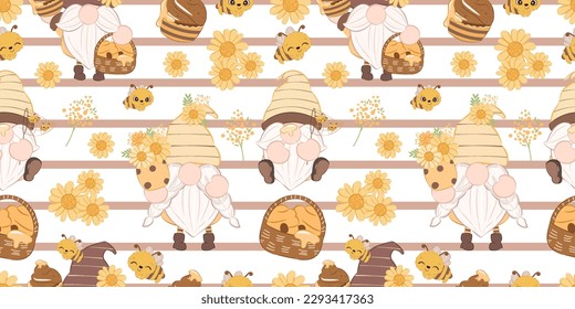 Cute Bee Gnome Themed Seamless Pattern