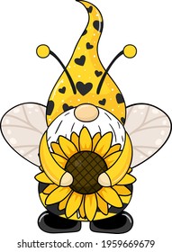 Cute bee gnome. Vector illustration isolated on white. Dwarf with a sunflower. Sunflower gnome vector illustration.