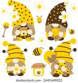 Colección de gnomos de abejas lindas dibujados a mano ilustración vectorial para decorar invitación de felicitación fiesta de cumpleaños celebración tarjeta de boda cartel banner textil papel pintado envolver