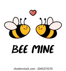 Cute bee greeting card. Hand drawn postcard for anniversary, valentines colored trendy vector illustration with text. Cartoon doodle style with a phrase be mine. Flat design isolated on white