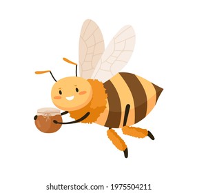 Cute bee with happy face flying and carrying honey pot. Smiling adorable honeybee holding jar in paws. Childish colored flat cartoon vector illustration of funny insect isolated on white background