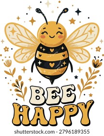 Cute Bee with Bee Happy Text Kawaii Positive Design