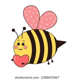 Cute bee with heart. Groovy retro character.