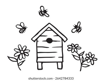 cute bee hive, homemade honey. doodle illustrations