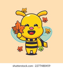 Abeja linda con hojas de otoño. Ilustración vectorial de caricatura mascota adecuada para afiches, folletos, web, mascota, pegatina, logotipo e icono.