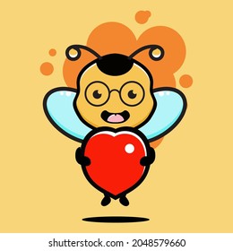 Cute Bee Holding a Big Heart Character, Logo, Premium Vector