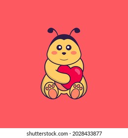 Cute bee holding a big red heart. Animal cartoon concept isolated. Can used for t-shirt, greeting card, invitation card or mascot.