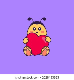 Cute bee holding a big red heart. Animal cartoon concept isolated. Can used for t-shirt, greeting card, invitation card or mascot.