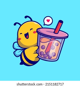 Ilustración del icono del vector de dibujos animados de la leche de Boba con una beta de abeja suave. Vector Premium Aislado Con El Concepto De Icono De Bebida Animal. Estilo de dibujo plano