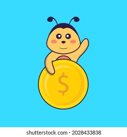 Cute bee holding coin. Animal cartoon concept isolated. Can used for t-shirt, greeting card, invitation card or mascot.