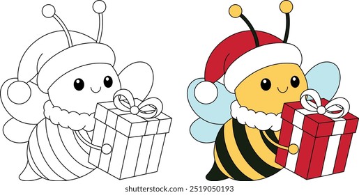 Cute bee is holding a gift box and wearing a Christmas hat outline coloring page, Christmas and winter animal colouring for kids