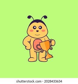 Cute bee holding gold trophy. Animal cartoon concept isolated. Can used for t-shirt, greeting card, invitation card or mascot.