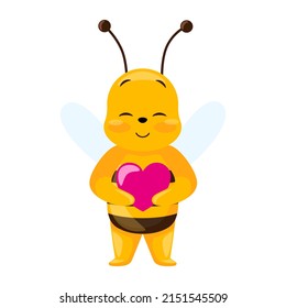 Cute bee holding a heart in his hands isolated on white background. Smiling cartoon character loving. Design of funny insect sticker for showing emotion. Vector illustration